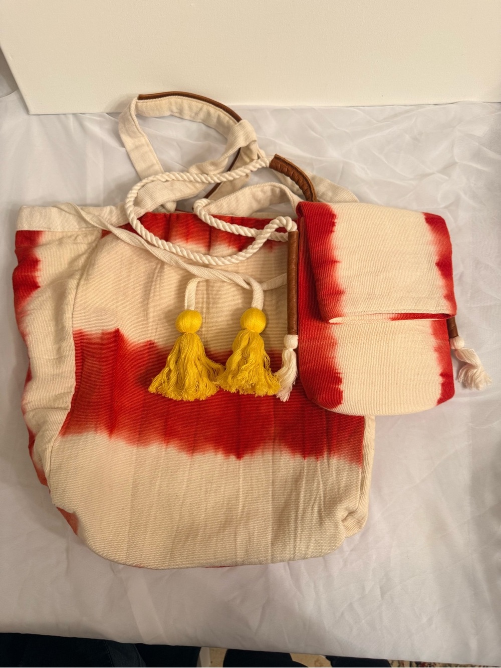Tie-Dye Canvas Tote with Removable Pouch - Red & Cream